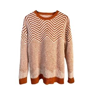 Women's Orange‎ White Chevron Pattern Fuzzy Knit Sweater Pullover Size L